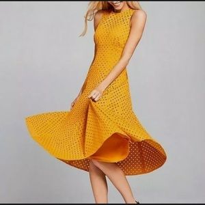 Antonio Melani Sierra Eyelet Flare Midi Dress in Mustard Sz 14